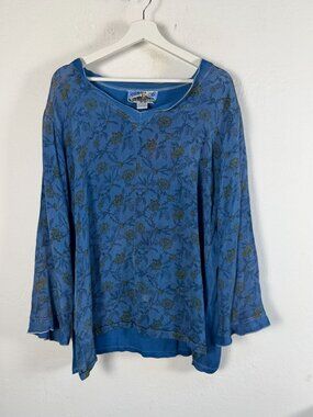 Tienda Ho Womens Blue Floral Gauze Layered Blouse Oversized Boho Tunic Free Size